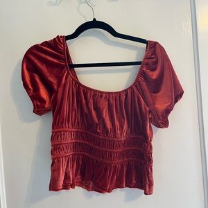 NEVER WORN. Burnt orange velvet puff sleeve top.